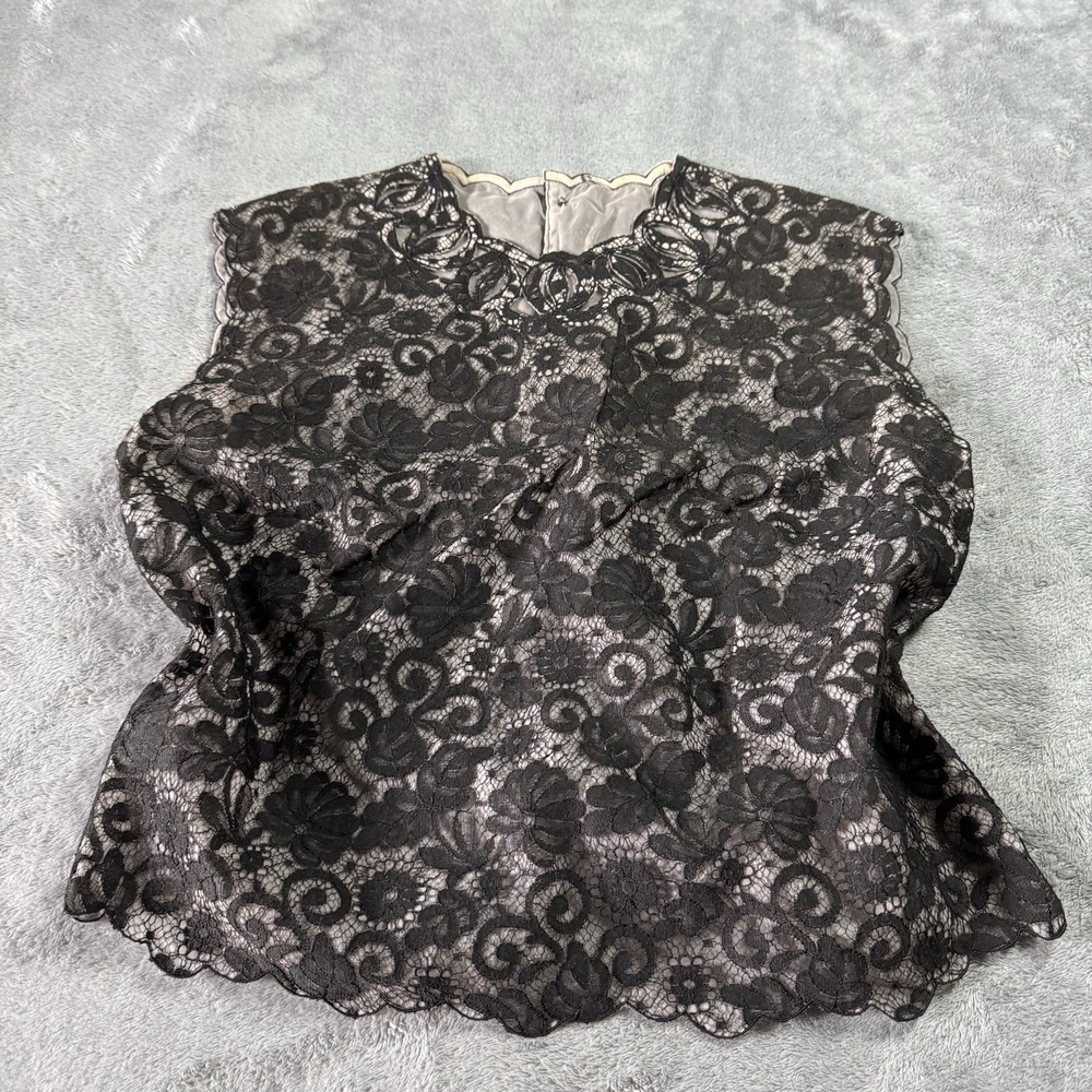 VTG 80s Blouse De Jour Floral Lace Black Top Fits M Union Made Grunge Whimsy‎
